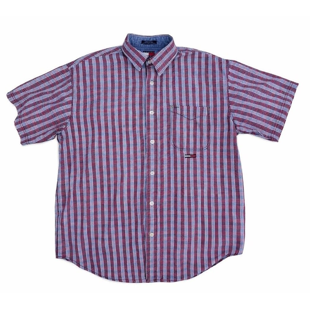 Tommy Jeans Plaid Button Up Shirt Mens Size‎ L Red Blue Short Sleeve Cotton